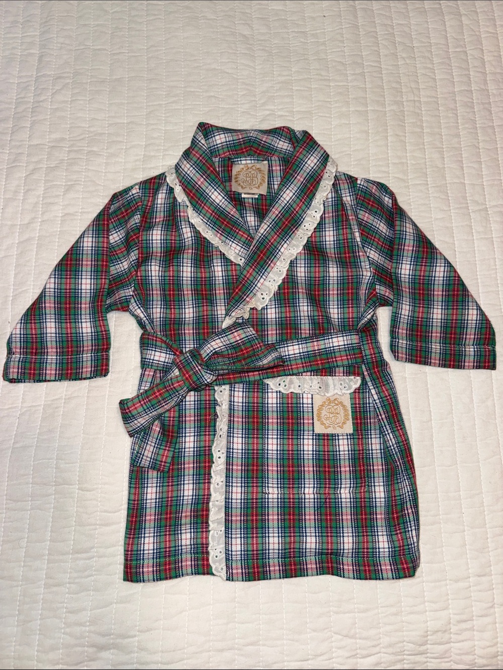 EUC TBBC Red and Green Christmas Holiday Plaid with Lace Robe Size 2T
